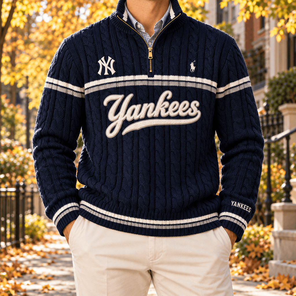 NYY PREMIUM Varsity Cable-Knit Quarter-Zip Sweater NHVH